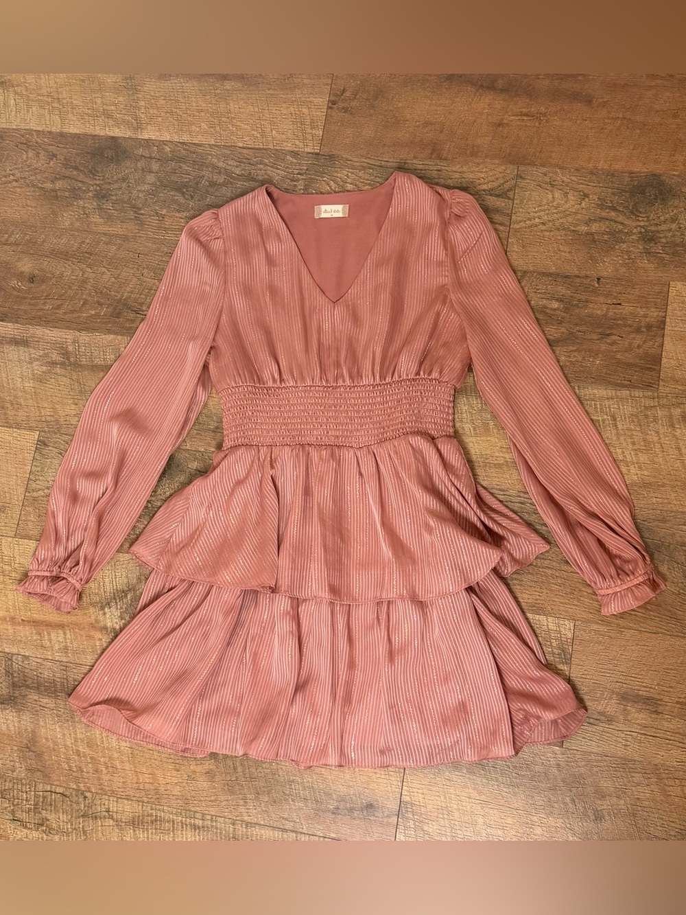 Altar’d State Light Mauve Pink Gold Metallic Stripe Mini Dress Medium Long Sleev
